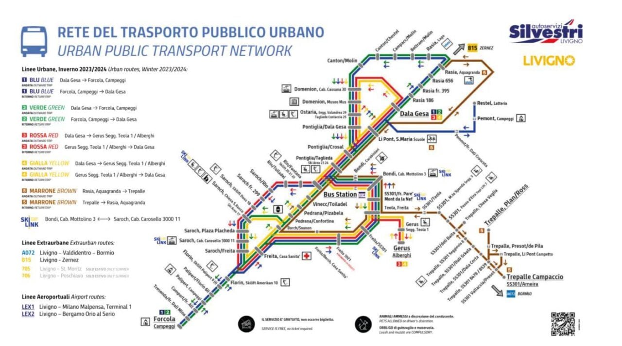 Carte des transports urbains de Livigno avec lignes de bus gratuites